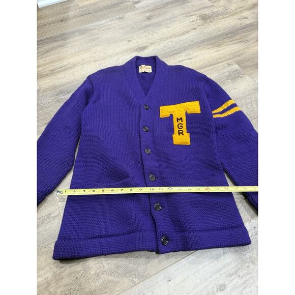 VTG 50s STADIUM SHAKER SWEATER Purple Wool Varsity Cardigan Sweater Men’s L - Picture 8 of 9